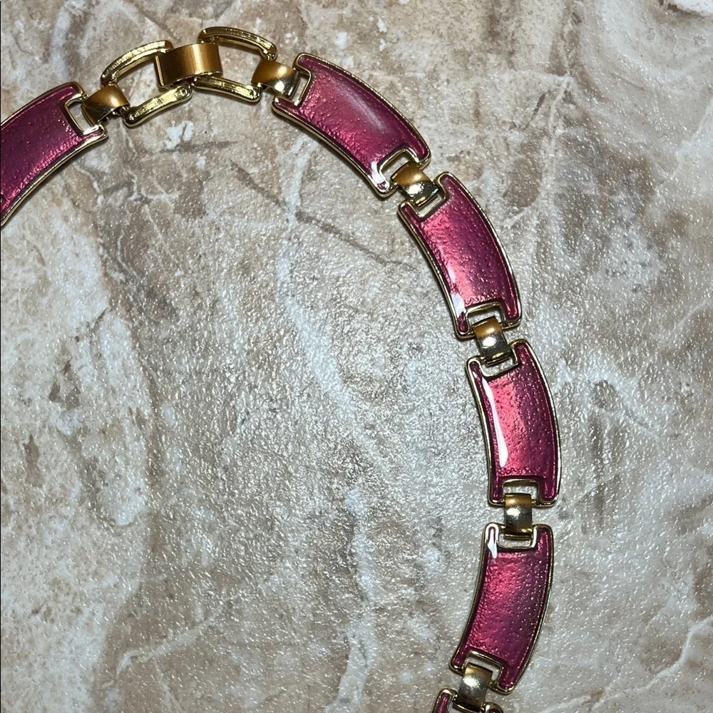Vintage Art Deco Pink Enamel and Gold Colored Linked Necklace